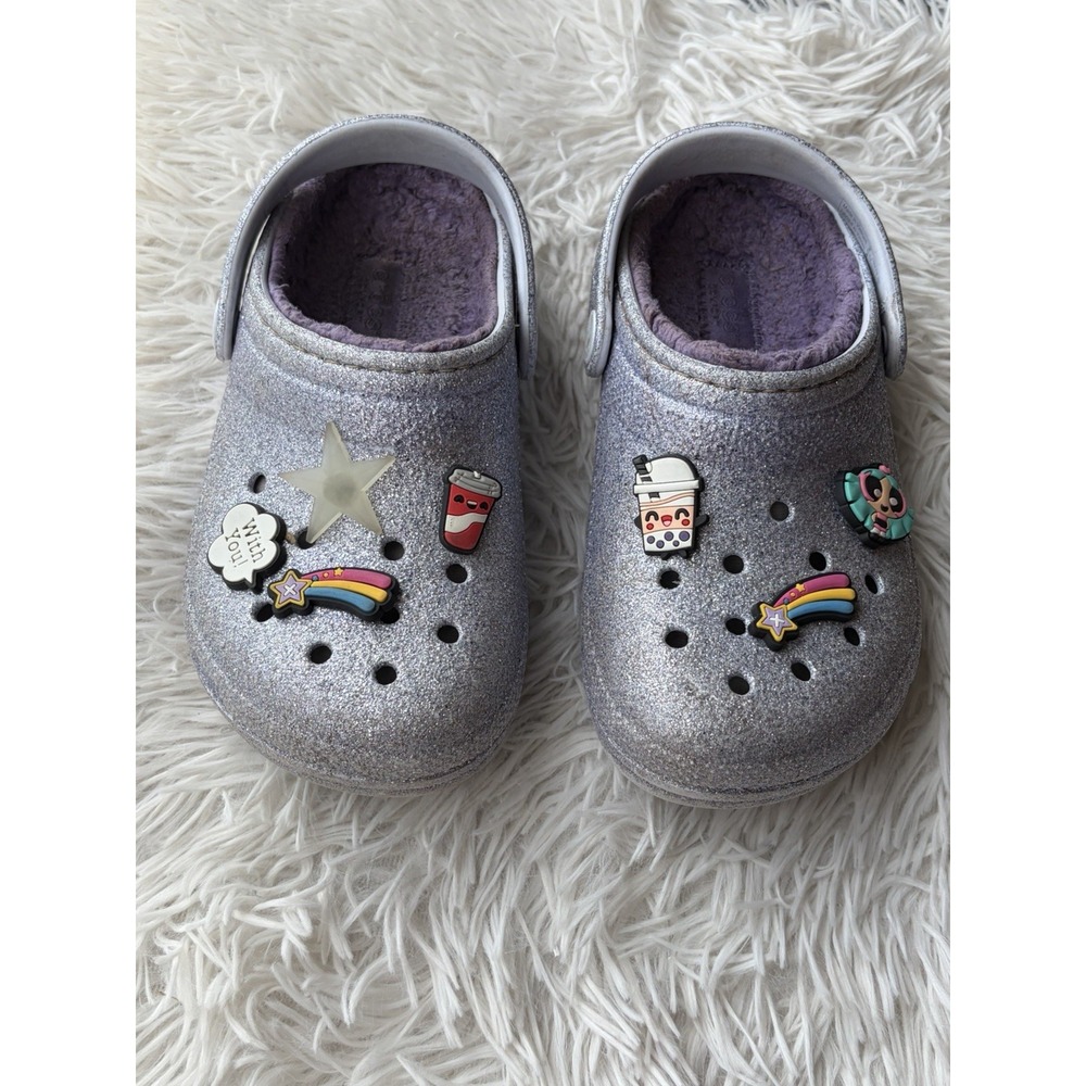 Crocs Clogs Girl Size C12 Purple Glitter Lined Slip On Shoes Jibbitz Charms